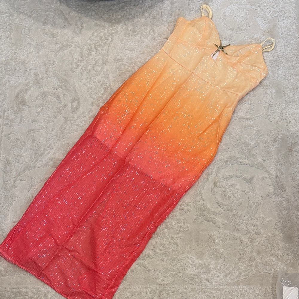 Gradient Orange to Pink Sparkle Maxi Dress